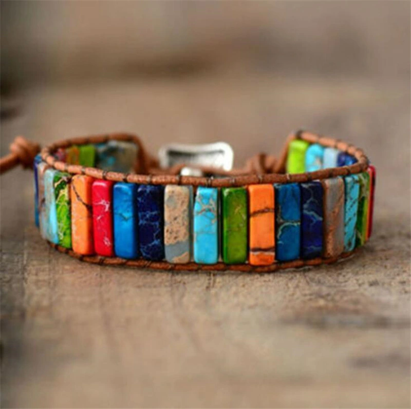 Unique Multi Color Natural Stone Tube Beads Leather Handmade Chakra Bracelets