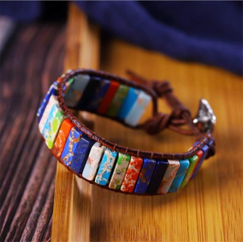 Unique Multi Color Natural Stone Tube Beads Leather Handmade Chakra Bracelets