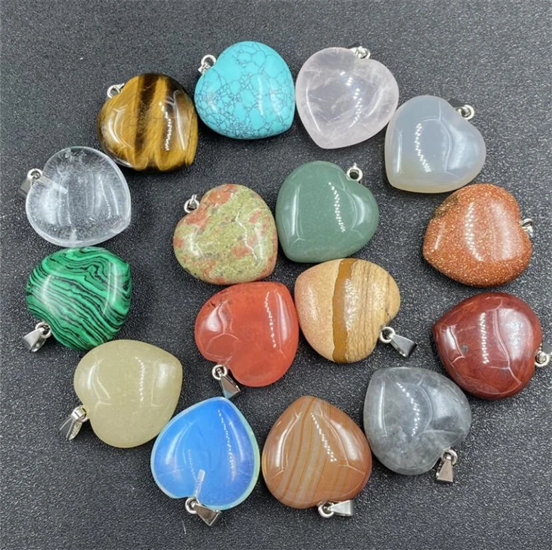 Fashion Heart Shaped Stone Pendants Crystal Chakra Beads for DIY Necklace Earring Keyring Jewelry